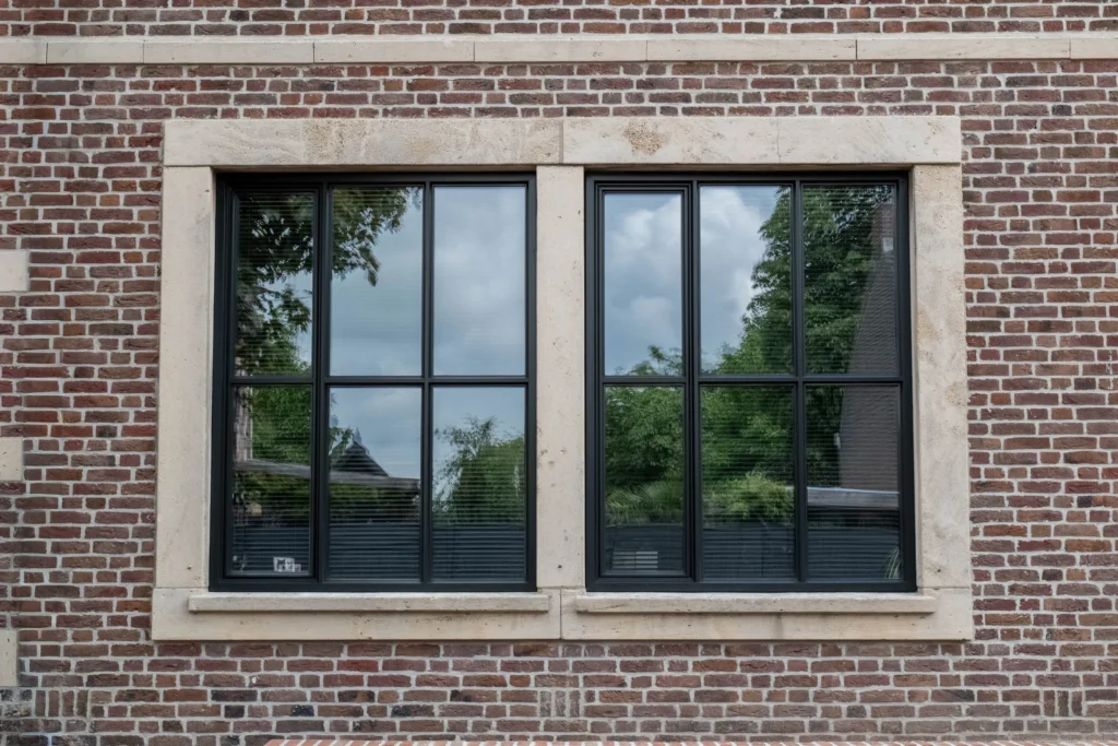 Monumentale bakstenen gevel met zwarte kozijnen